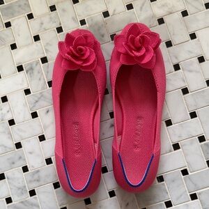 Rothy's Pink Knit Ballet Flats with Rose Applique and Blue Trim